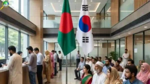 ঢাকার নতুন কোরিয়া ভিসা আবেদনকেন্দ্রে ভিসার জন্য অপেক্ষারত বাংলাদেশি আবেদনকারীরা