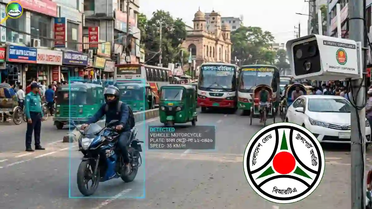 মোটরসাইকেলের সামনের অংশে নম্বর প্লেট এবং এআই ট্রাফিক ক্যামেরা