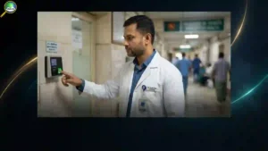 সরকারি হাসপাতালে বায়োমেট্রিক হাজিরা মেশিনে আঙুলের ছাপ দিচ্ছেন একজন চিকিৎসক